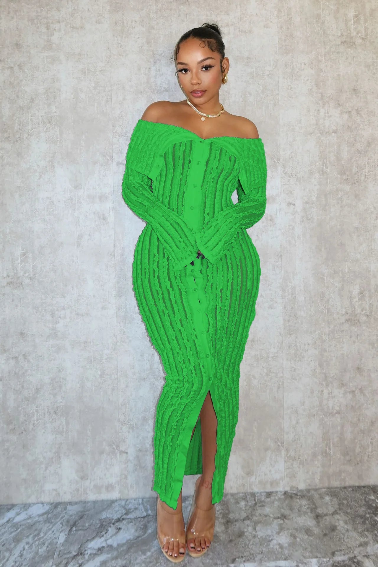 Women Wave Striped Ruffles Single Breasted Long Sleeve Bodycon Midi Maxi Dress Sexy Party Dresses