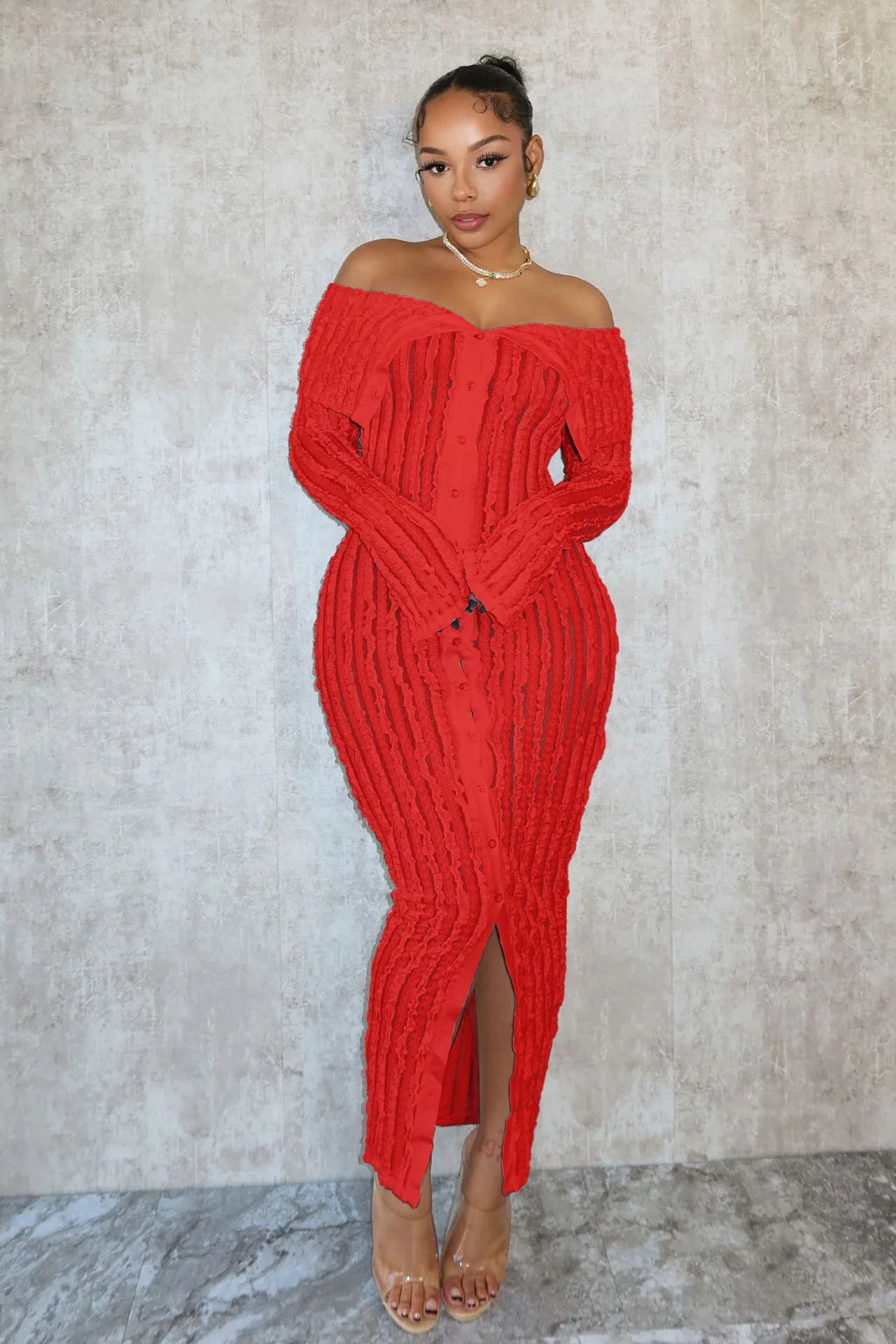 Women Wave Striped Ruffles Single Breasted Long Sleeve Bodycon Midi Maxi Dress Sexy Party Dresses
