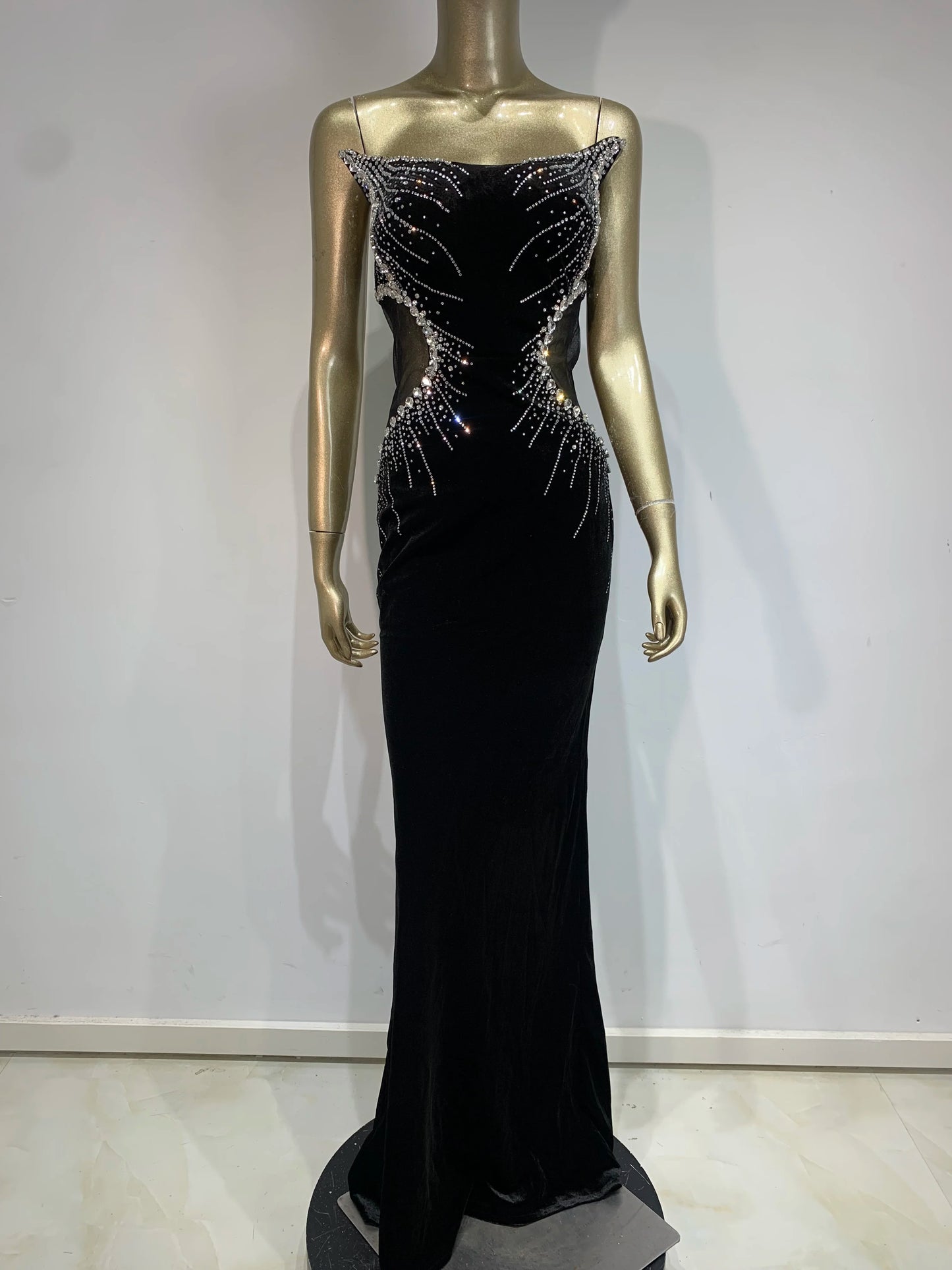 Women Luxury Sexy Velvet Tube Top Flocked Evening Dress, Black Elegant Formal Prom Dress, For Wedding Guest, Graduation, Dinner