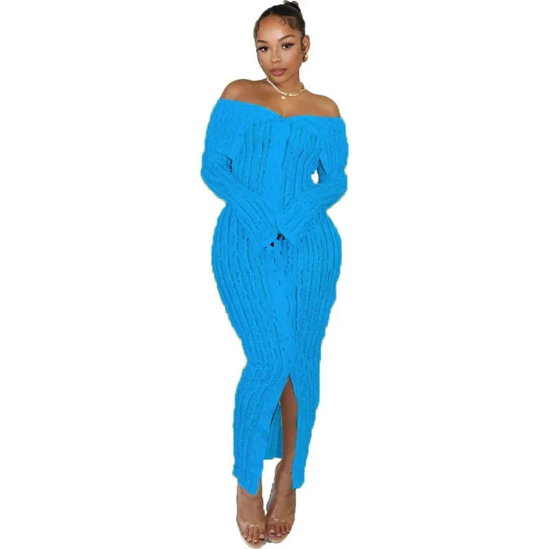 Women Wave Striped Ruffles Single Breasted Long Sleeve Bodycon Midi Maxi Dress Sexy Party Dresses