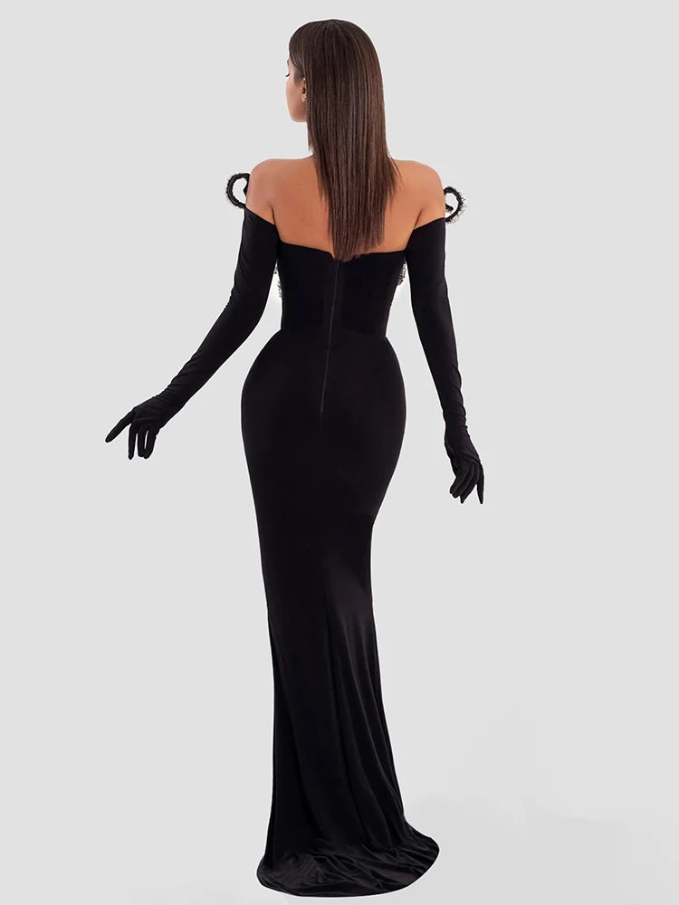Women'S Elegant Party Dresses V Neck Crystal Design Black Velvet Maxi Long Luxury Gowns With Gloves Female Clothing