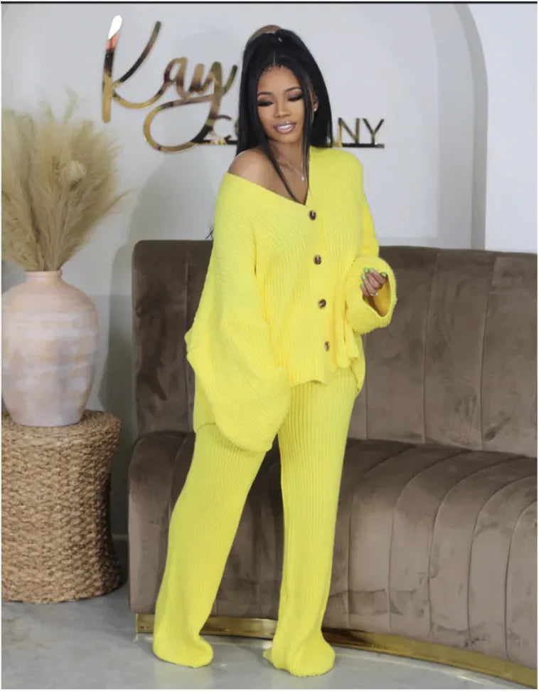 V-Neck Double-Breasted Sweater Cardigan & Wide-Leg Trousers Set