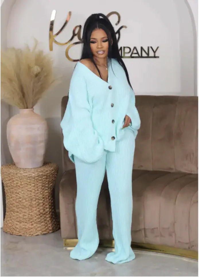 V-Neck Double-Breasted Sweater Cardigan & Wide-Leg Trousers Set