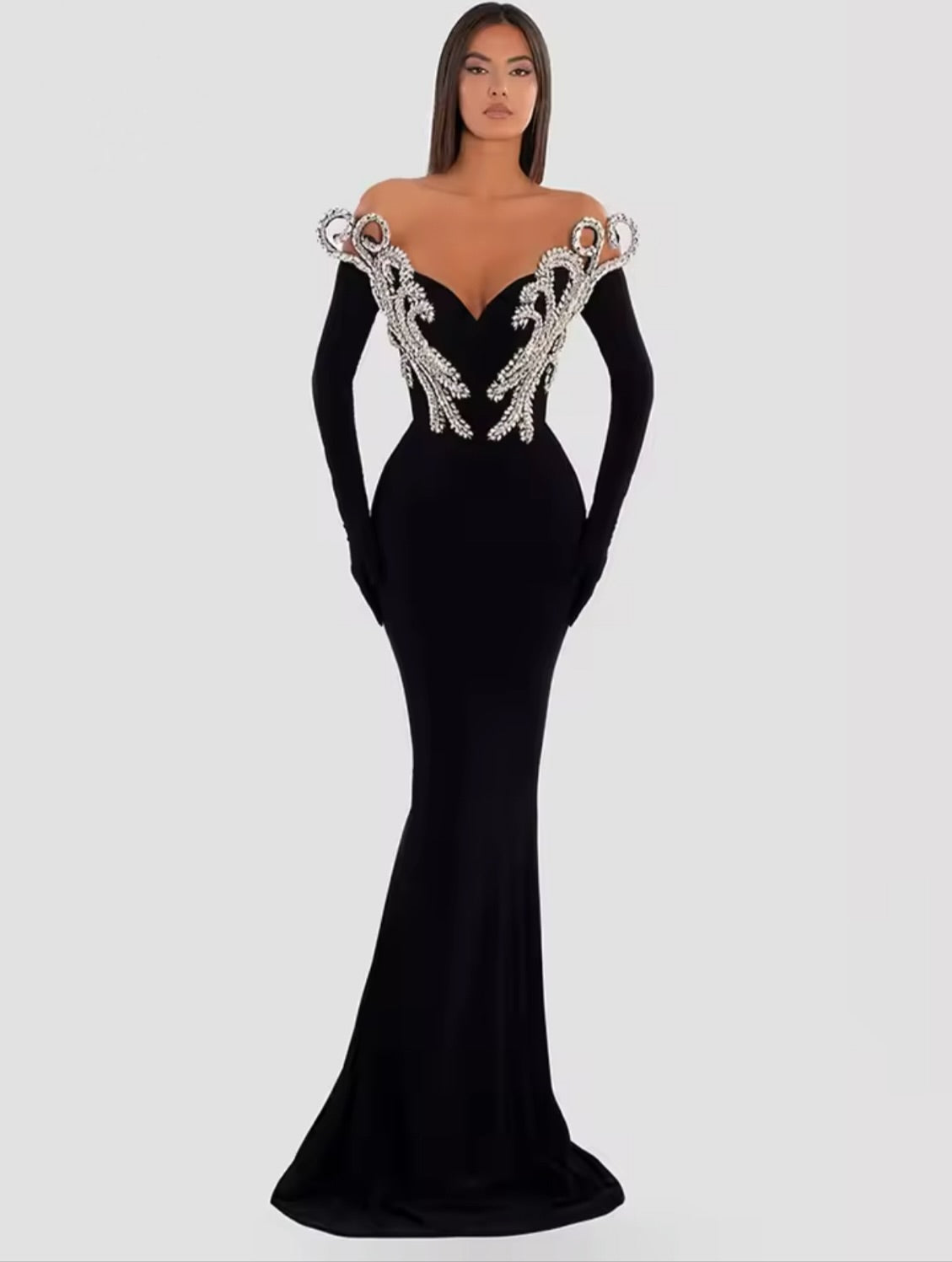 Women'S Elegant Party Dresses V Neck Crystal Design Black Velvet Maxi Long Luxury Gowns With Gloves Female Clothing