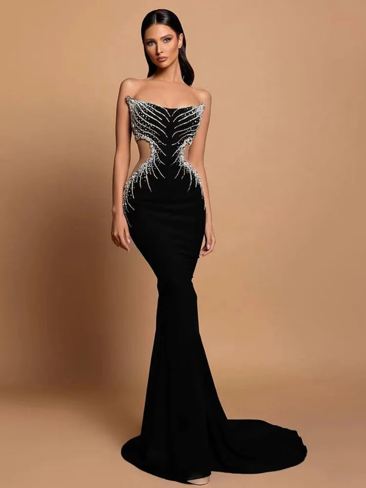 Women Luxury Sexy Velvet Tube Top Flocked Evening Dress, Black Elegant Formal Prom Dress, For Wedding Guest, Graduation, Dinner