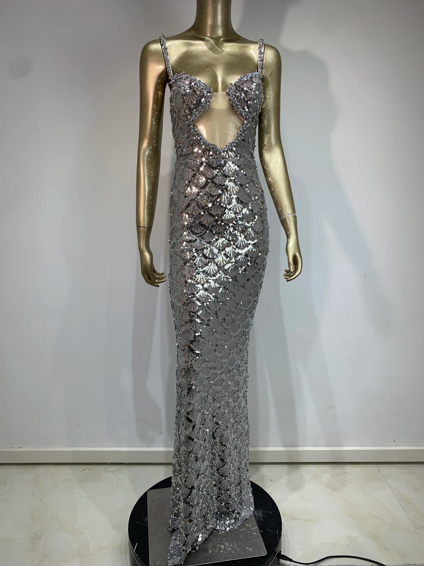 Women Luxury Sexy Deep V Neck Sequins Mesh Sparkly Silver Maxi Long Dress Elegant Party Evening Outfit