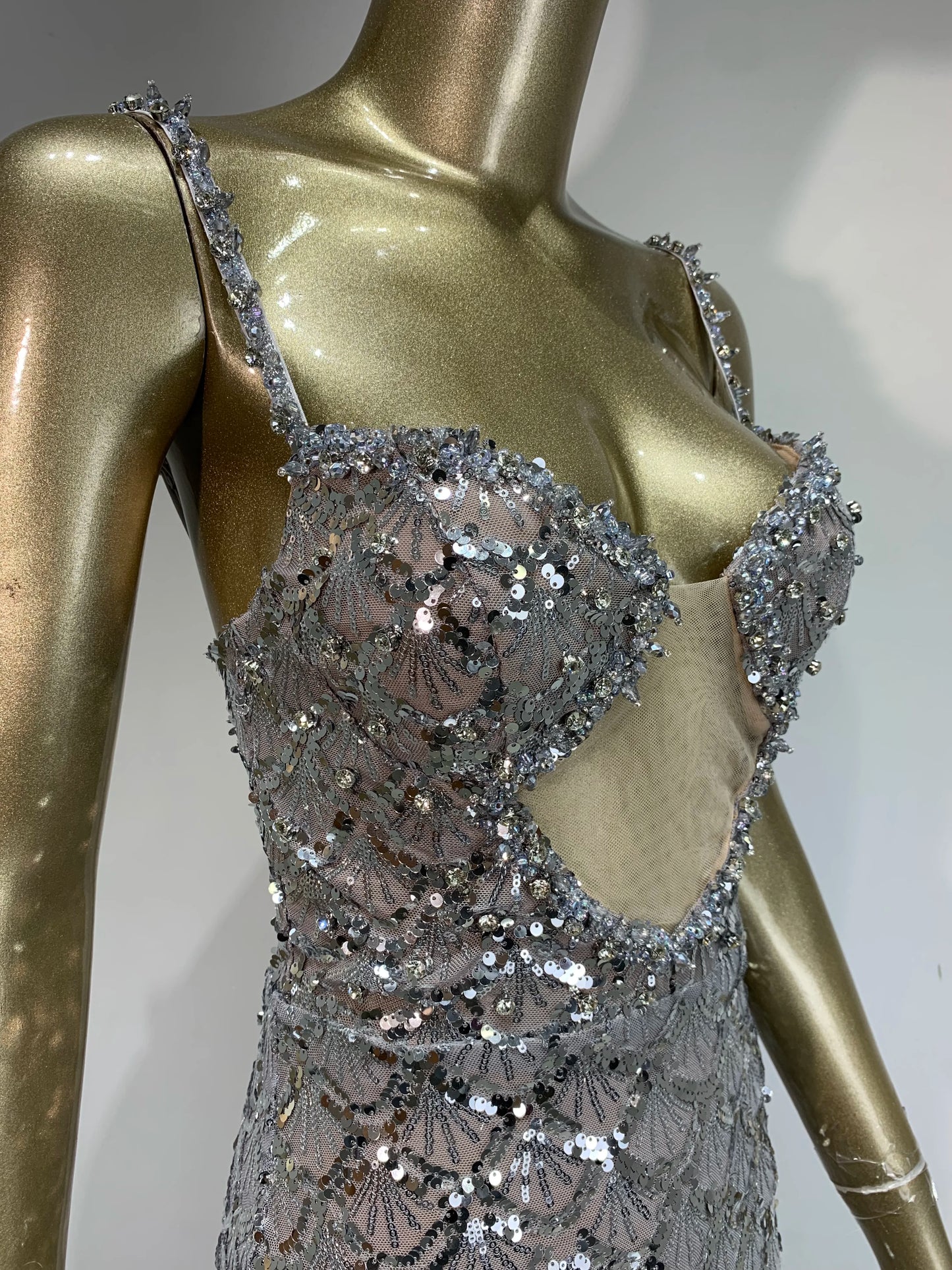 Women Luxury Sexy Deep V Neck Sequins Mesh Sparkly Silver Maxi Long Dress Elegant Party Evening Outfit