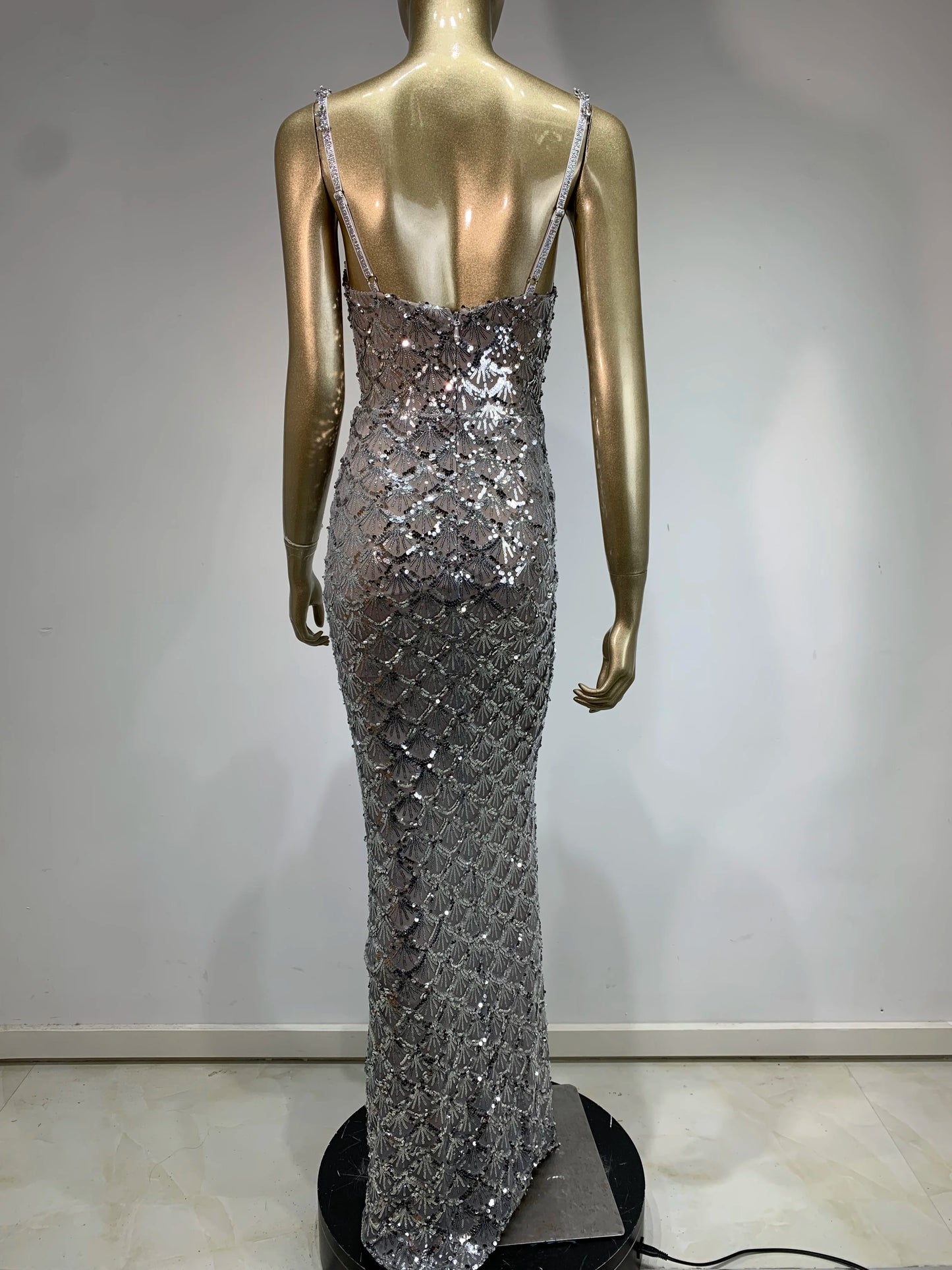 Women Luxury Sexy Deep V Neck Sequins Mesh Sparkly Silver Maxi Long Dress Elegant Party Evening Outfit
