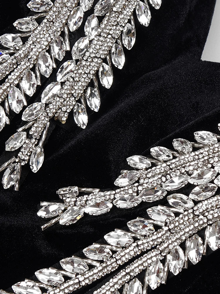 Women'S Elegant Party Dresses V Neck Crystal Design Black Velvet Maxi Long Luxury Gowns With Gloves Female Clothing