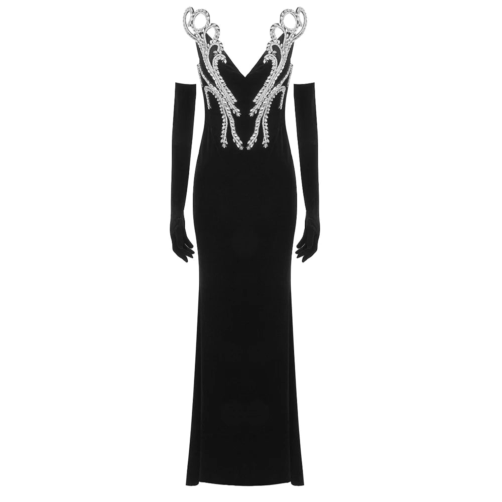 Women'S Elegant Party Dresses V Neck Crystal Design Black Velvet Maxi Long Luxury Gowns With Gloves Female Clothing