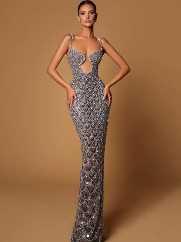Women Luxury Sexy Deep V Neck Sequins Mesh Sparkly Silver Maxi Long Dress Elegant Party Evening Outfit