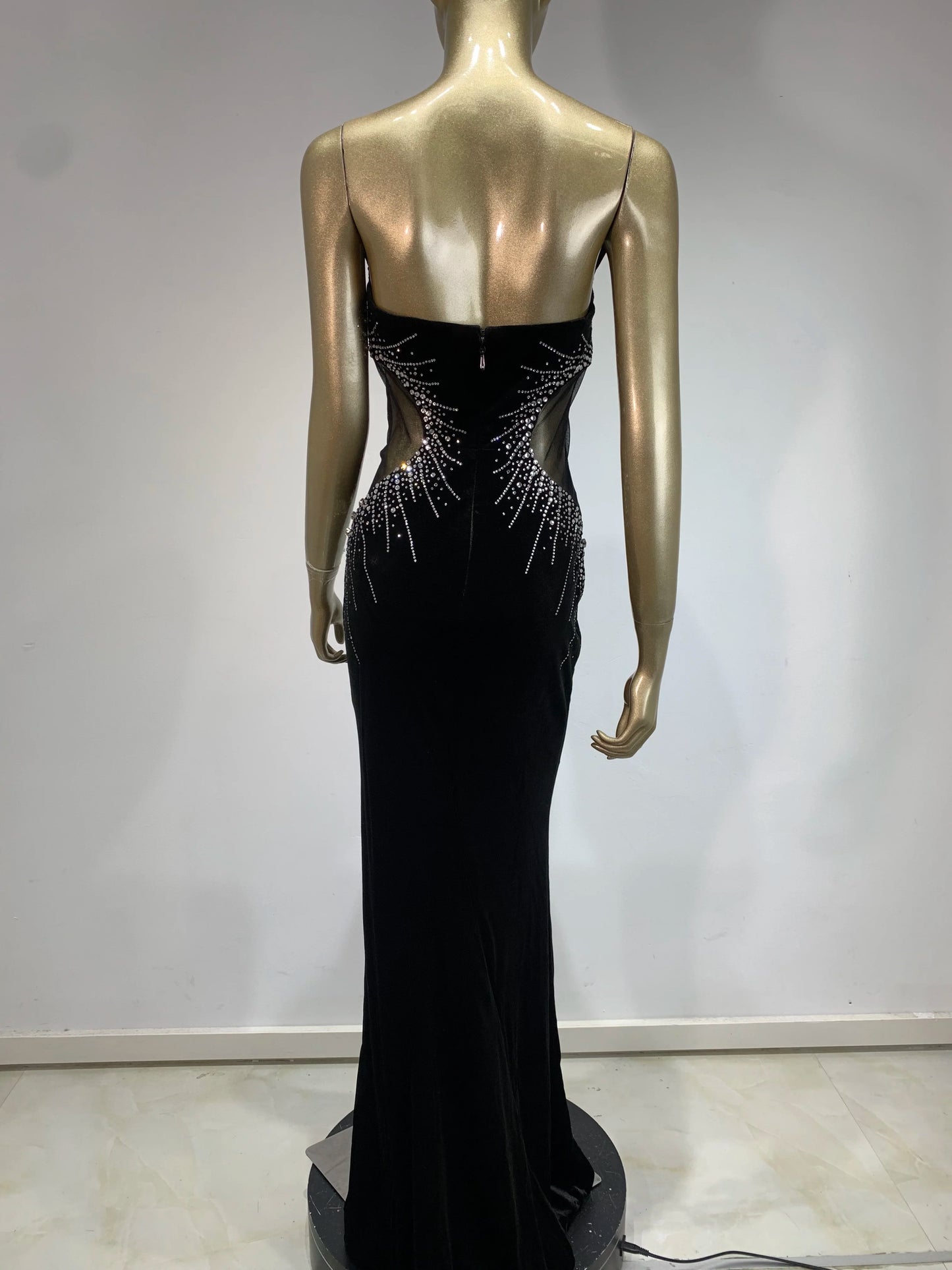 Women Luxury Sexy Velvet Tube Top Flocked Evening Dress, Black Elegant Formal Prom Dress, For Wedding Guest, Graduation, Dinner