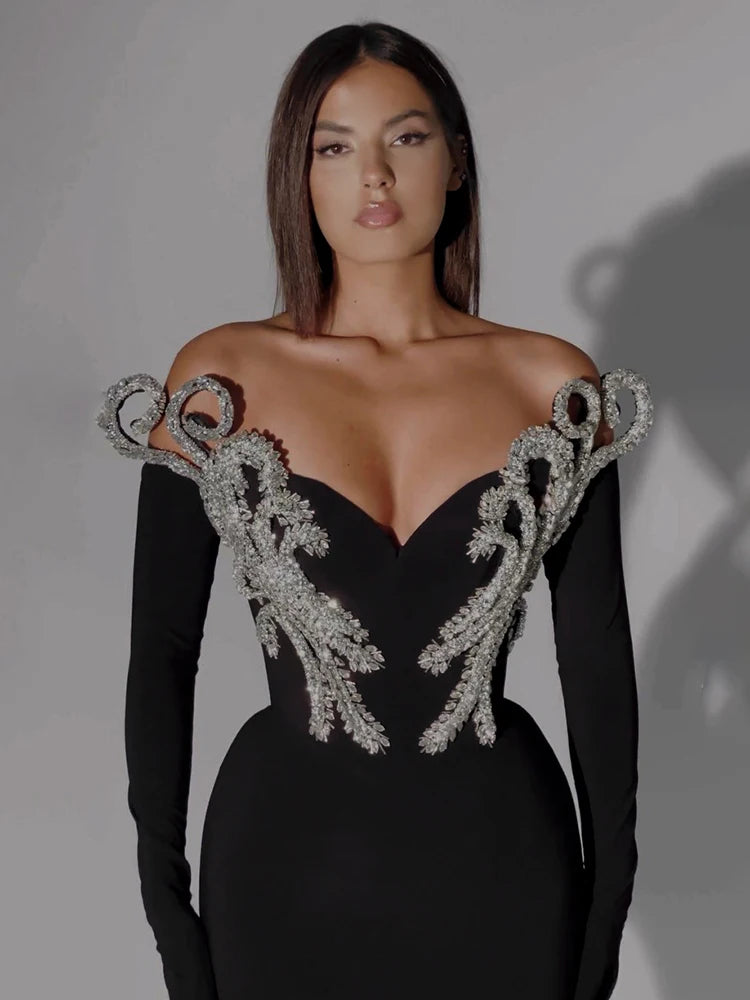 Women'S Elegant Party Dresses V Neck Crystal Design Black Velvet Maxi Long Luxury Gowns With Gloves Female Clothing