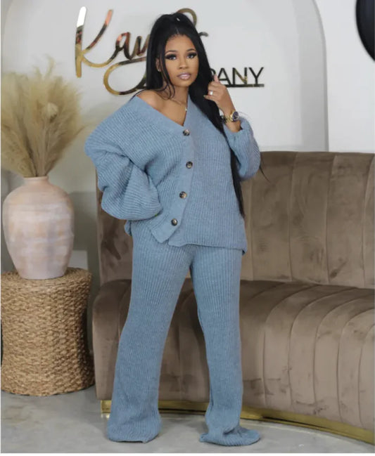 V-Neck Double-Breasted Sweater Cardigan & Wide-Leg Trousers Set