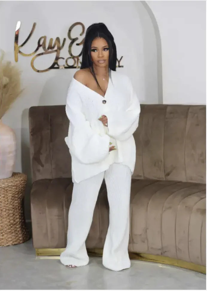V-Neck Double-Breasted Sweater Cardigan & Wide-Leg Trousers Set