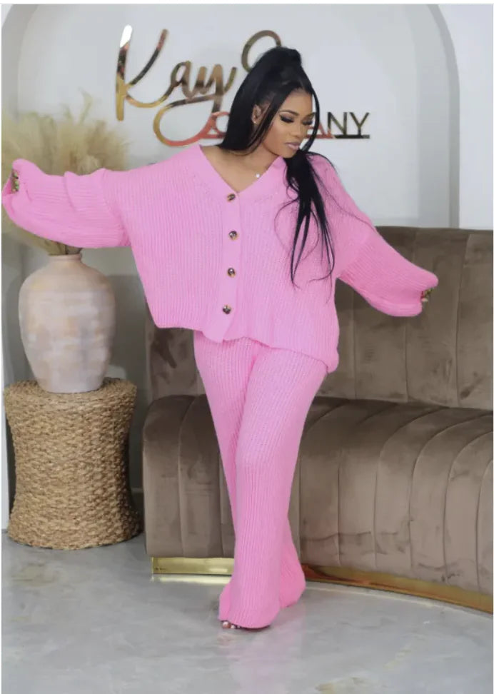 V-Neck Double-Breasted Sweater Cardigan & Wide-Leg Trousers Set