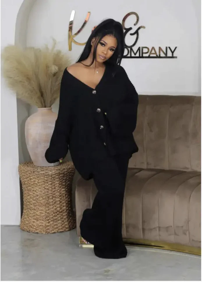 V-Neck Double-Breasted Sweater Cardigan & Wide-Leg Trousers Set